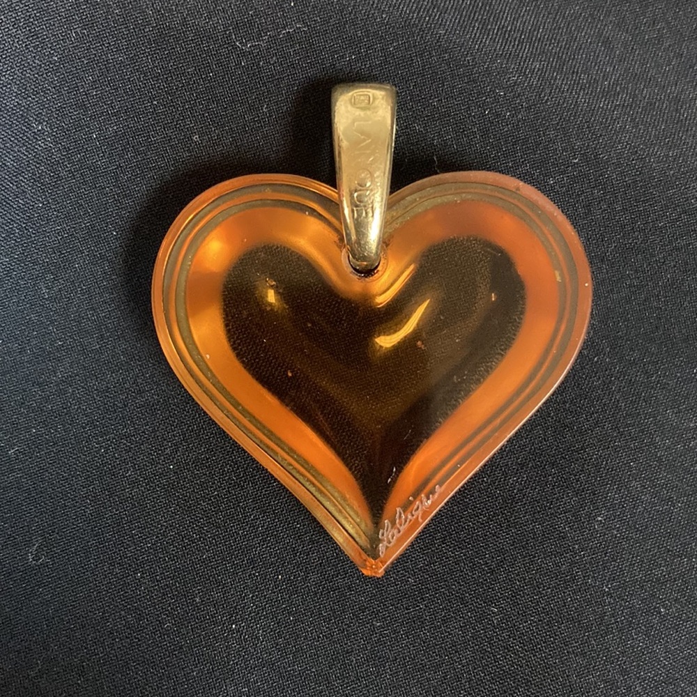 LALIQUE Vintage Yellow Crystal Heart Necklace Pendant 80s FRANCE - Picture 2 of 4